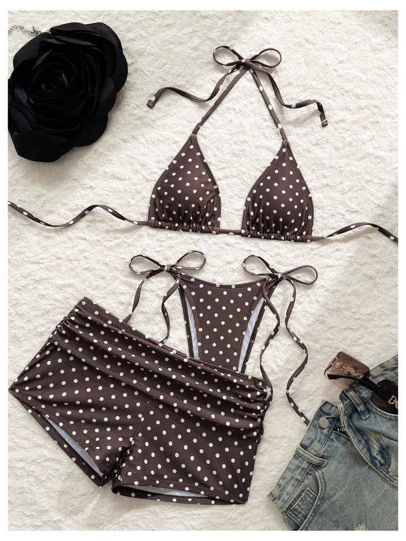 MakeMeChic Women's Polka Dots Triangle Bikini Sets Swim Shorts Y2K Leopard Striped Bathing Suit Swimsuit Polka Dots Brown Medium - Image 3