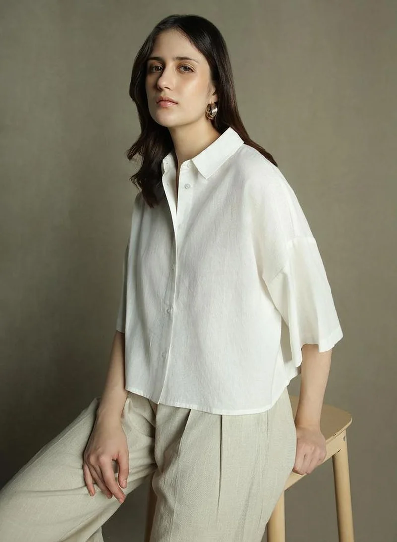Dennis Lingo Women's White Cotton Blend Solid Relaxed Fit Tops