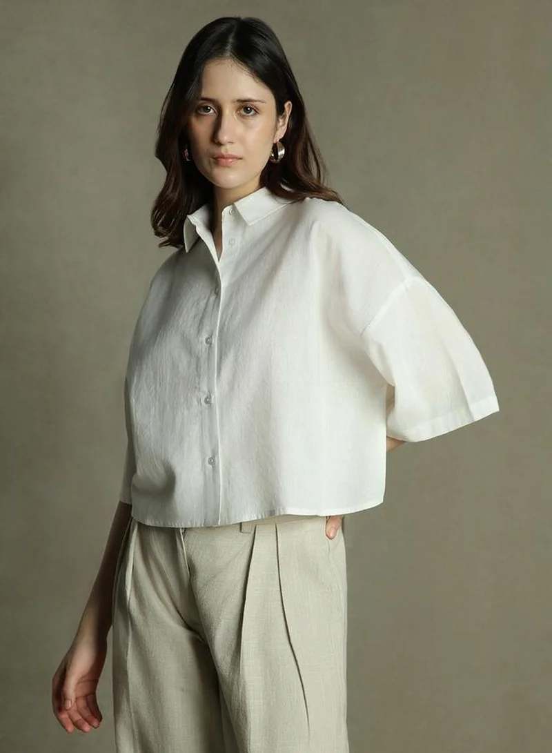 Dennis Lingo Women's White Cotton Blend Solid Relaxed Fit Tops