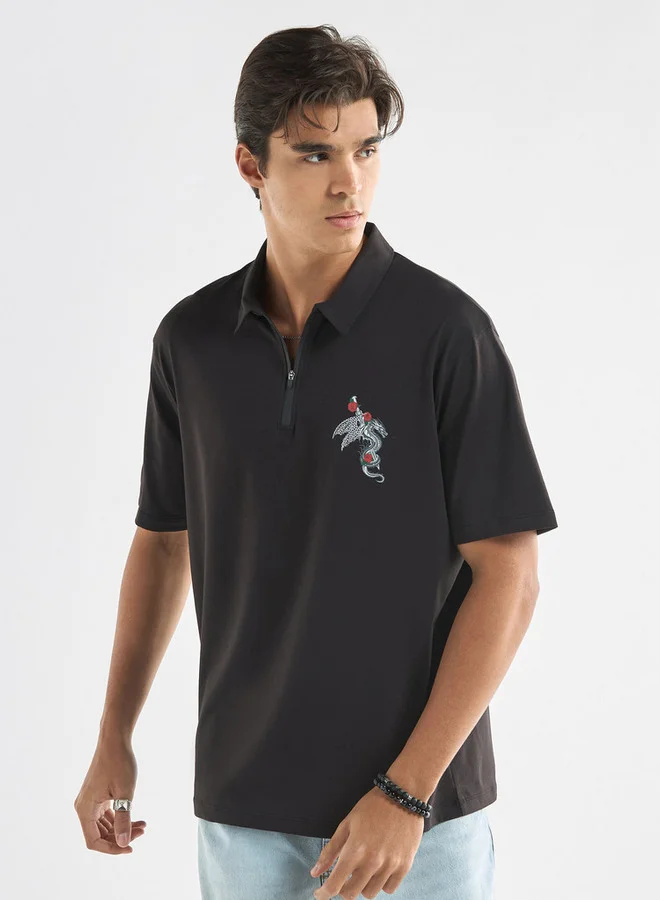 Splash FAV Typographic Print Polo T-shirt with Short Sleeves and Zip Closure