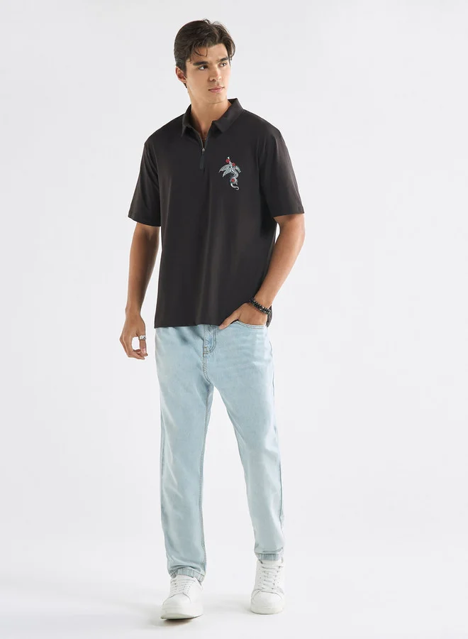 Splash FAV Typographic Print Polo T-shirt with Short Sleeves and Zip Closure