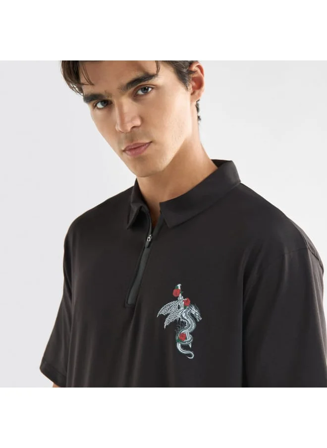 FAV Typographic Print Polo T-shirt with Short Sleeves and Zip Closure