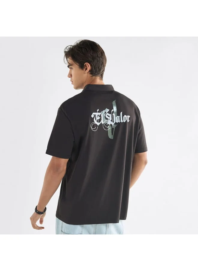 FAV Typographic Print Polo T-shirt with Short Sleeves and Zip Closure