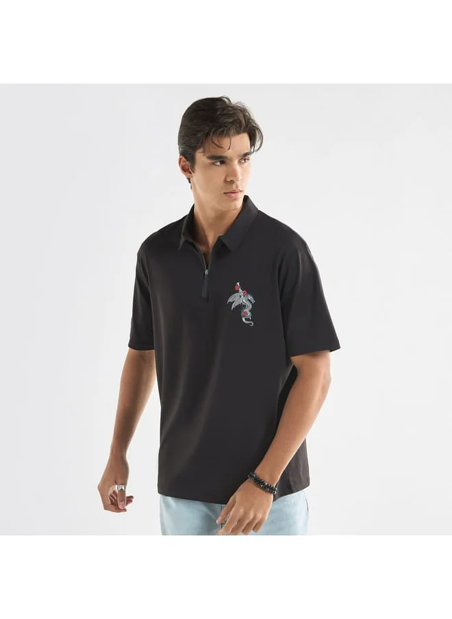 FAV Typographic Print Polo T-shirt with Short Sleeves and Zip Closure