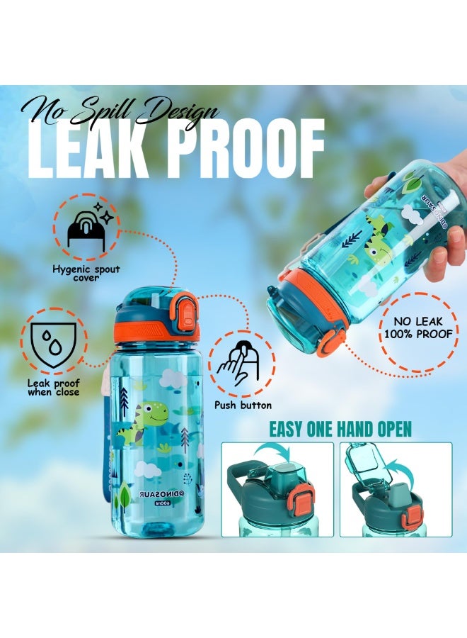السيد باندا زجاجة مياه للاطفال سعة 600 مل، مانعة للتسرب ومضادة للكسر وخالية من البيسفينول ايه مع ماصة، زجاجة محمولة ومتينة للمدرسة والسفر للاولاد والبنات، مناسبة للاطفال، زجاجة شرب قابلة لاعادة الاستخدام (اخضر ديناصور) - Image 3