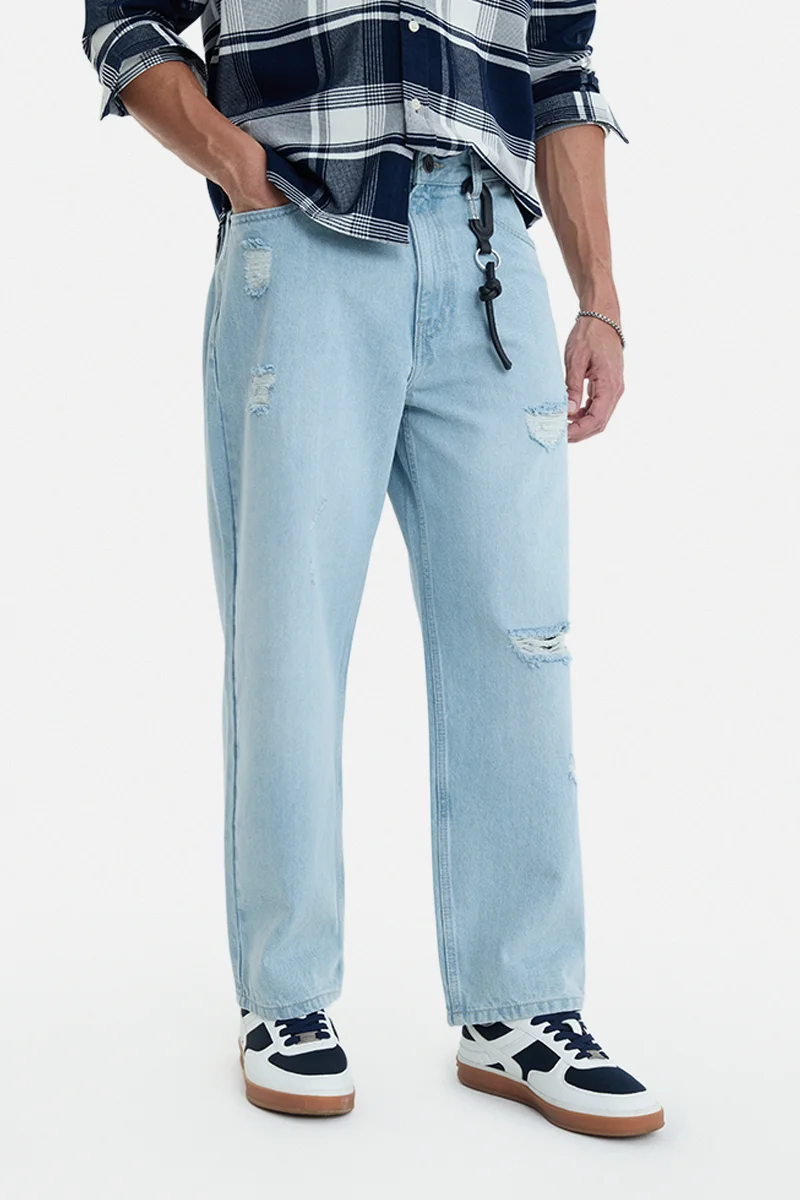 سنيتش Light Blue Solid Wide Leg Streetwear Jeans