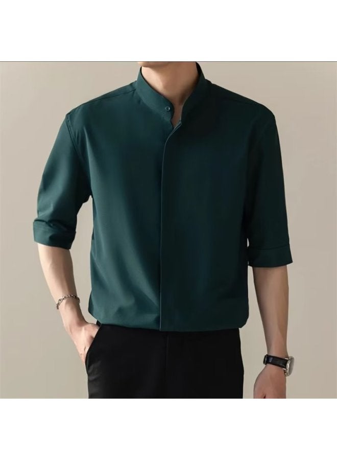 Fashion Thin Short-sleeve Shirt For Men, New Chinese Style Men's Slim Stand Collar Loose Ice Silk Half-sleeve Shirt