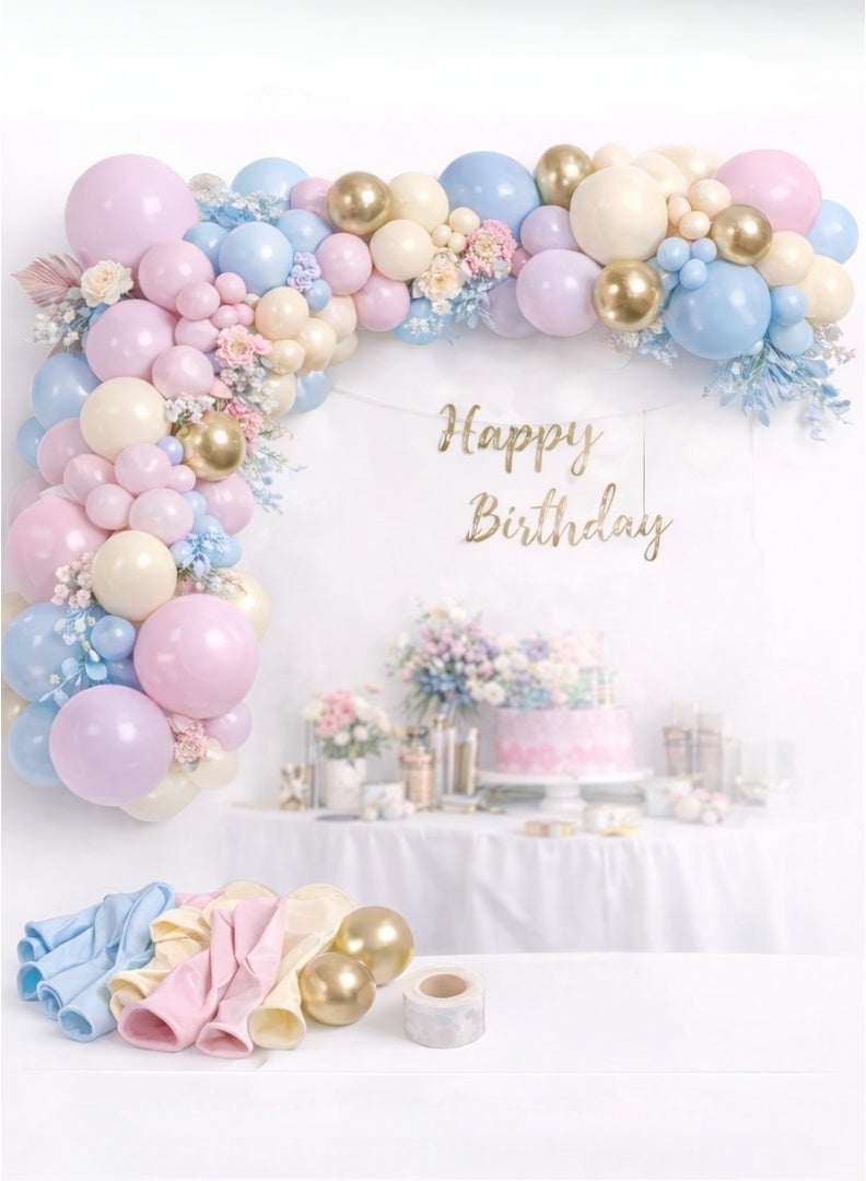 ديمي طقم بالونات جارلاند بألوان باستيل | وردي وأزرق وكريمي مع ذهبي لتزيين الحفلات مع شريط وغراء لاصق لأعياد الميلاد والزفاف وحفلات المواليد - Image 1