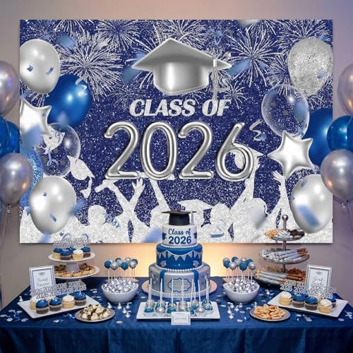 Lofaris Class of 2026 Party Photography Backdrop Royal Blue and Silver Congrats Grad Graduation Caps Background Celebration Graduation Prom Party Decor Banner Photo Booth Props 7x5ft - Image 4