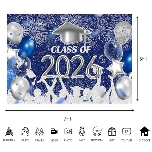 Lofaris Class of 2026 Party Photography Backdrop Royal Blue and Silver Congrats Grad Graduation Caps Background Celebration Graduation Prom Party Decor Banner Photo Booth Props 7x5ft - Image 5