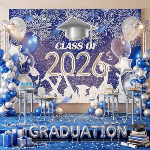 Lofaris Class of 2026 Party Photography Backdrop Royal Blue and Silver Congrats Grad Graduation Caps Background Celebration Graduation Prom Party Decor Banner Photo Booth Props 7x5ft - Image 3