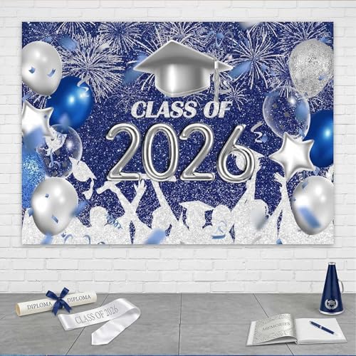 Lofaris Class of 2026 Party Photography Backdrop Royal Blue and Silver Congrats Grad Graduation Caps Background Celebration Graduation Prom Party Decor Banner Photo Booth Props 7x5ft - Image 1