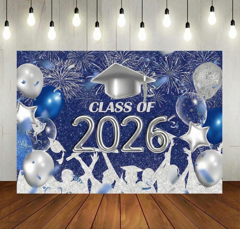 Lofaris Class of 2026 Party Photography Backdrop Royal Blue and Silver Congrats Grad Graduation Caps Background Celebration Graduation Prom Party Decor Banner Photo Booth Props 7x5ft - Image 2