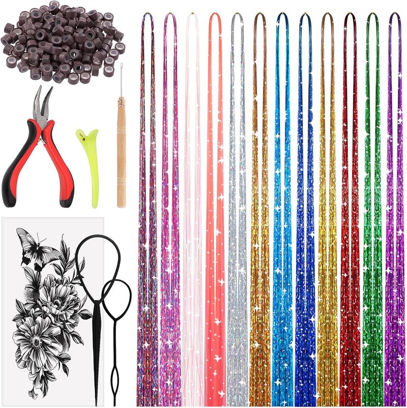 218pcs Hair Tinsel Kit Includes 12 Colors 2760 Strands Tinsel Hair Extensions Silicone Link Ring Bead Crochet and Hair Tinsel Tools 47 Glitter Hair Tinsel Heat Resistant Set