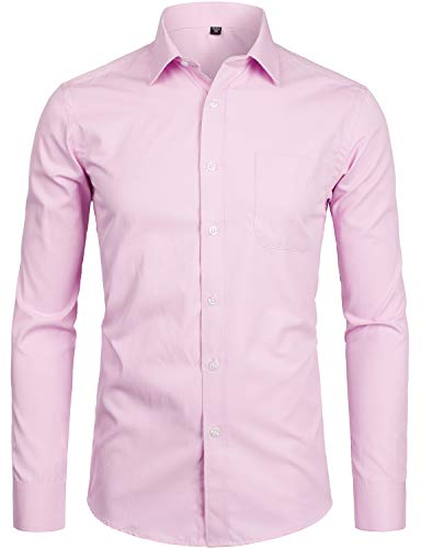 ZEROYAA Men's Long Sleeve Dress Shirt Solid Slim Fit Casual Business Formal Button Up Shirts with Pocket ZSSCL01 Pink X-Large - Image 1