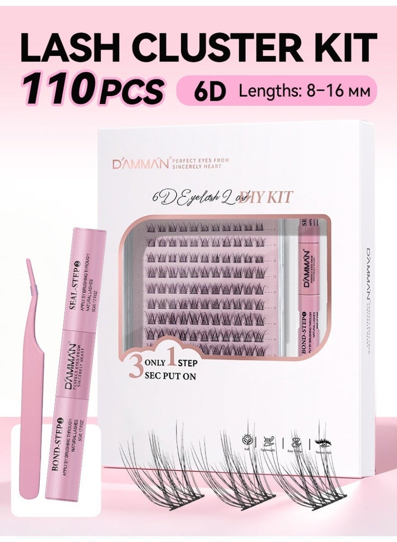 D'AMMA'N 110PCS 6D Cluster False Eyelashes, DIY Individual Lash Extension Kit, D Curl, Mixed Lengths 8-16mm, Bond & Seal Glue, Tweezers & Applicator, Natural Fluffy Wispy Look, Beginner Friendly, Easy to Apply at Home - Image 1
