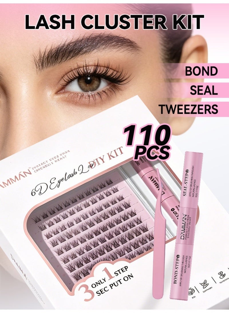 D'AMMA'N 110PCS 6D Cluster False Eyelashes, DIY Individual Lash Extension Kit, D Curl, Mixed Lengths 8-16mm, Bond & Seal Glue, Tweezers & Applicator, Natural Fluffy Wispy Look, Beginner Friendly, Easy to Apply at Home - Image 2