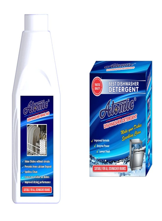 Atomic Dishwasher Rinse Aid Liquid, Shine & Dry - 400ml & Dishwasher Detergent Powder- 900gm - Image 1