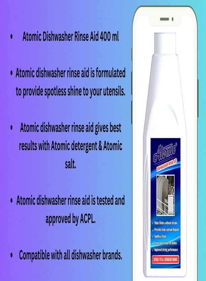 Atomic Dishwasher Rinse Aid Liquid, Shine & Dry - 400ml & Dishwasher Detergent Powder- 900gm - Image 2