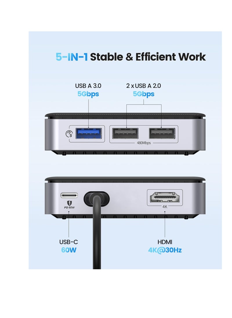 Excefore - موزع USB C 5 في 1، محطة إرساء USB C مع HDMI 4K، شحن PD بقوة 60 وات، منفذ USB بسرعة 5 جيجابت في الثانية، منفذان USB بسرعة 480 ميجابت في الثانية، محول متعدد المنافذ من النوع C للكمبيوتر المحمول - Image 1