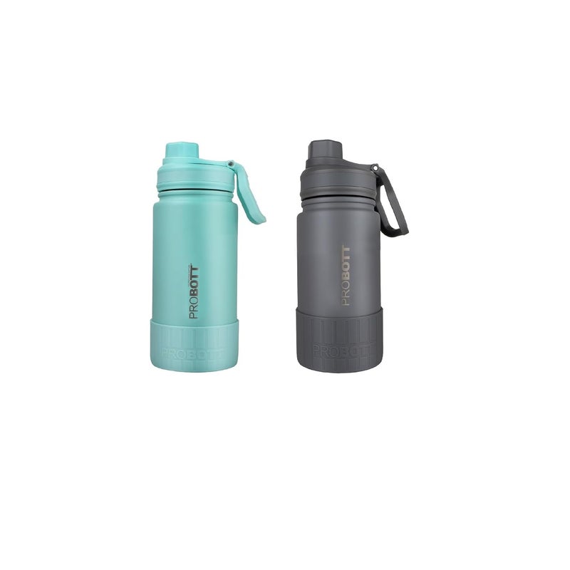 PROBOTT Probott Class 360ml Each, Thermoses Vacuum Insulated Flask Sipper Bottle, Stainless Steel Water Bottles, Leak Proof | Perfect for Toddlers | Pack of 2 | Greenish Blue + Steel Grey  - Image 1