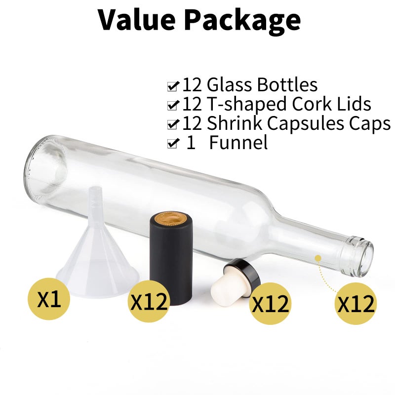 GUANENA 12 Pack 16oz Clear Glass Bottles with Cork Lids and PVC Shrink Capsules, 500 ml Empty Home Brewing Wine Bottles with Funnel for Sparkling Wine, Juice, Kombucha, Beverages - Image 4