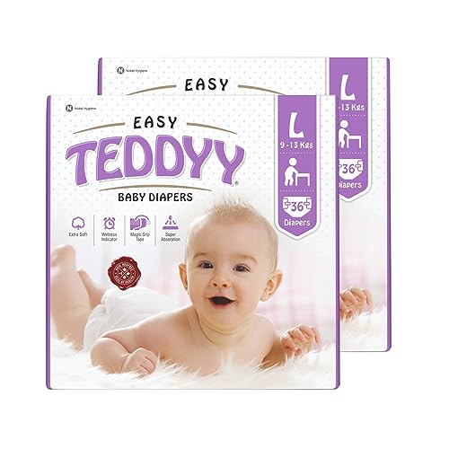TEDDYY Easy Baby L Size Diaper Tape Style | 72 Count (Large) | 9-13 kgs (Pack of 2) | Quick Absorbency | Extra Super Soft | Anti - Bacterial | Wetness Indicator with Adjustable Grip Tapes - Image 1