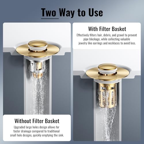 JOMSTHOME (2 Pc) Bathroom Sink Stopper-All Metal Sink Stopper-Universal Fit 99% Bathroom Stopper with Removable Stainless Steel Hair Catcher- Basin (1.1'' to 2.36'' inch) - Golden - Image 2