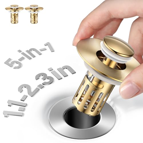 JOMSTHOME (2 Pc) Bathroom Sink Stopper-All Metal Sink Stopper-Universal Fit 99% Bathroom Stopper with Removable Stainless Steel Hair Catcher- Basin (1.1'' to 2.36'' inch) - Golden - Image 1