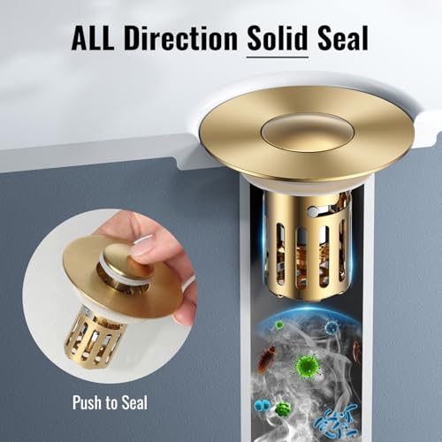 JOMSTHOME (2 Pc) Bathroom Sink Stopper-All Metal Sink Stopper-Universal Fit 99% Bathroom Stopper with Removable Stainless Steel Hair Catcher- Basin (1.1'' to 2.36'' inch) - Golden - Image 5