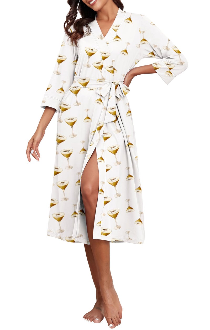 PrinStory Womens Robe Long Kint Bathrobe Lightweight Soft Robes Ladies Bath Robe FP-White Goblet-L - Image 2