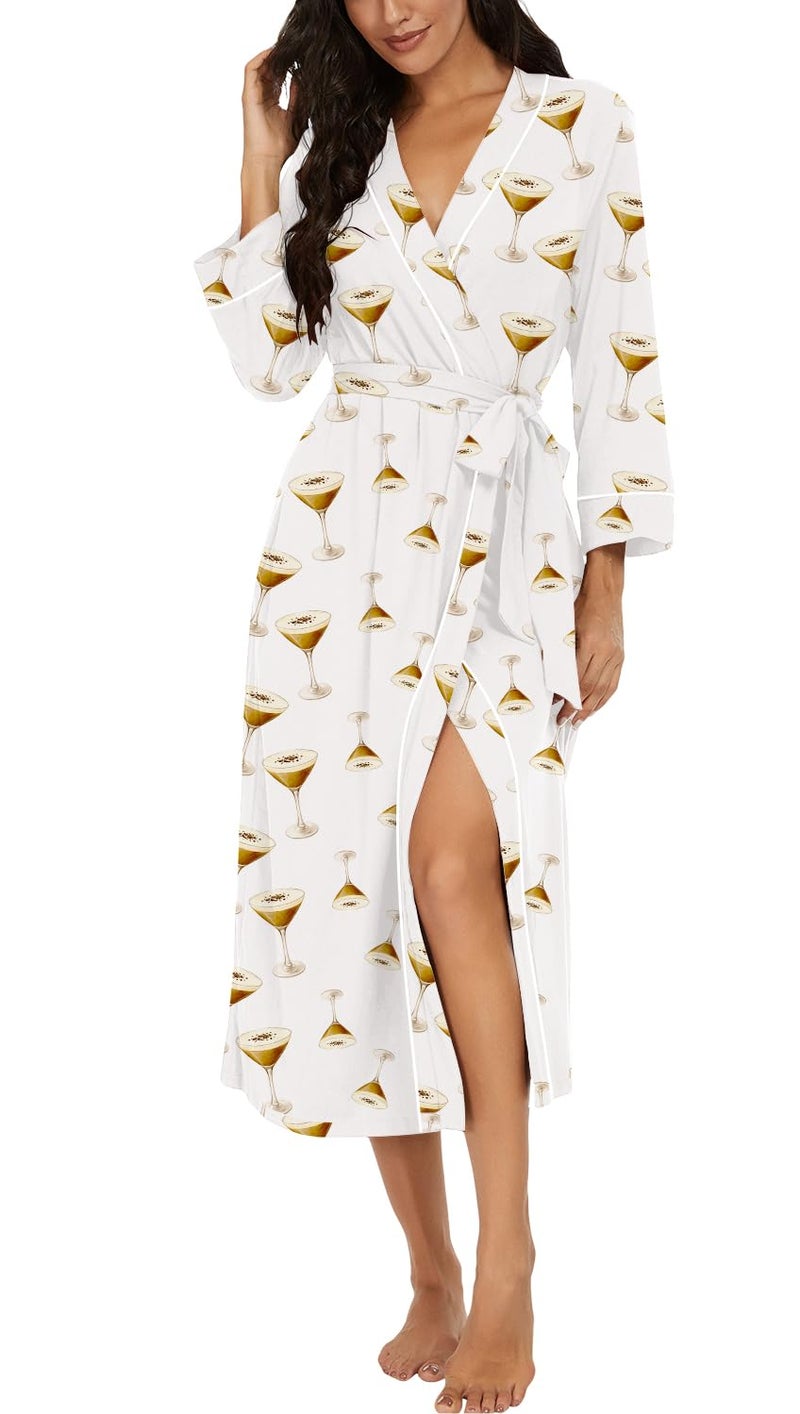 PrinStory Womens Robe Long Kint Bathrobe Lightweight Soft Robes Ladies Bath Robe FP-White Goblet-L - Image 1