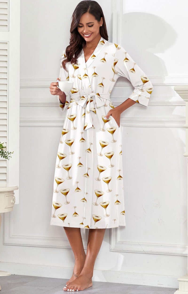 PrinStory Womens Robe Long Kint Bathrobe Lightweight Soft Robes Ladies Bath Robe FP-White Goblet-L - Image 3