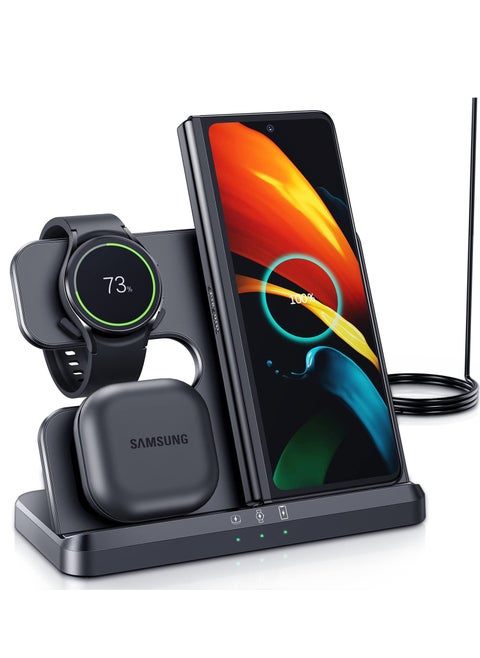 3-in-1 Wireless Charging Station for Samsung Galaxy Watch 4/3/Active 2/1, Compatible with S22 Ultra, S21, S20, Note20, Z Flip 4/3, Z Fold, and Galaxy Buds - Black