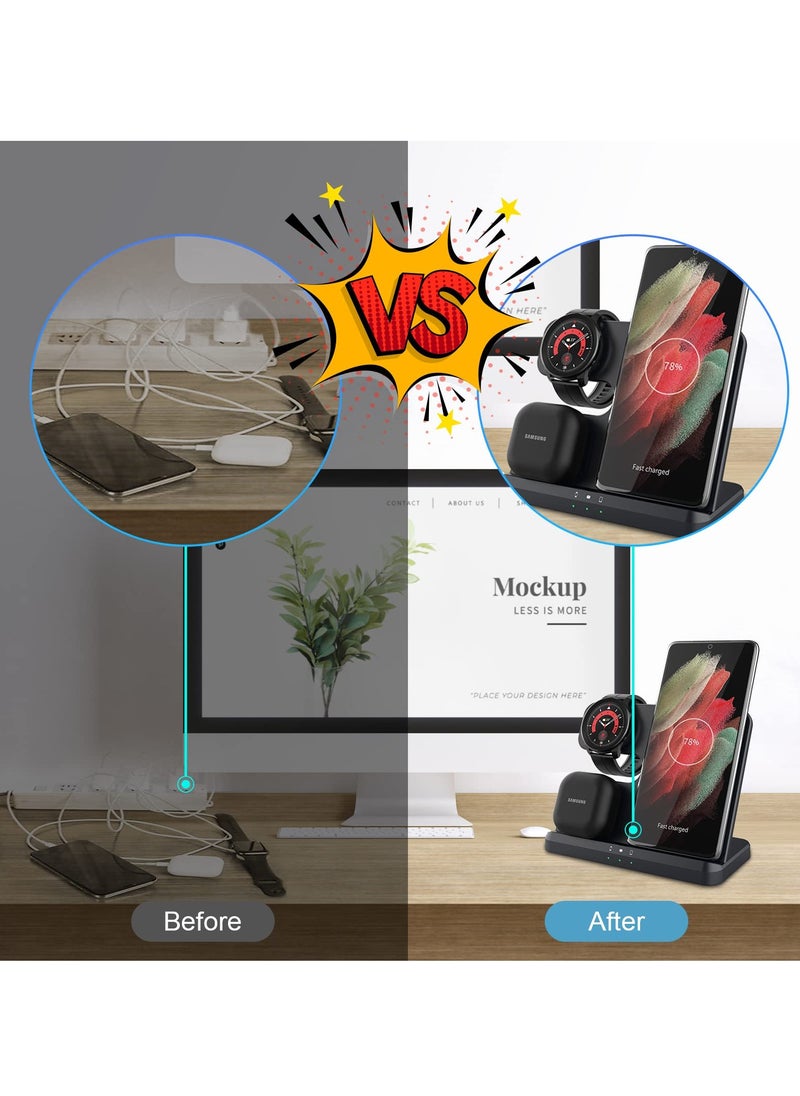 Generic - 3-in-1 Wireless Charging Station for Samsung Galaxy Watch 4/3/Active 2/1, Compatible with S22 Ultra, S21, S20, Note20, Z Flip 4/3, Z Fold, and Galaxy Buds - Black - Image 1