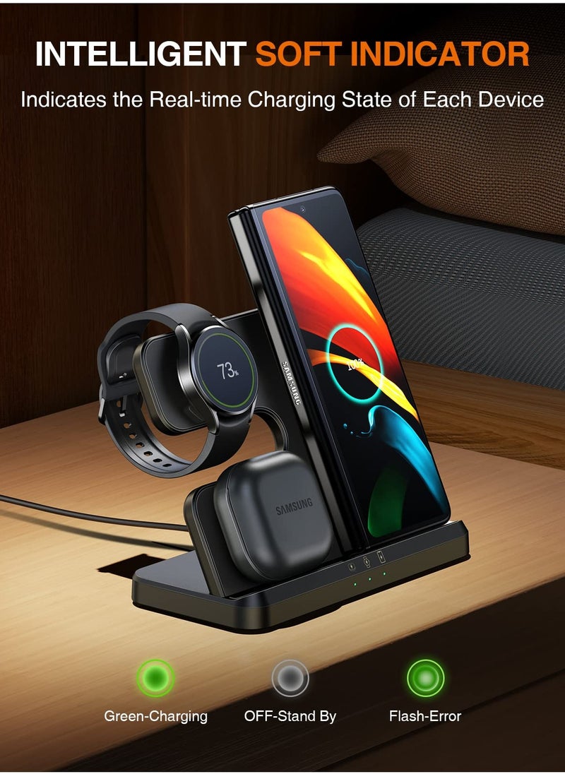 Generic - 3-in-1 Wireless Charging Station for Samsung Galaxy Watch 4/3/Active 2/1, Compatible with S22 Ultra, S21, S20, Note20, Z Flip 4/3, Z Fold, and Galaxy Buds - Black - Image 1