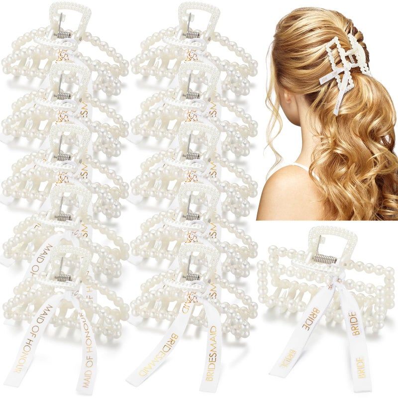 Hotop 11 Pcs Bridesmaid Pearl Hair Clips 3.15 Inch Bridal Hair Claw Clips with Ribbon Bridesmaid Proposal Gifts for Women Girls Accessories Styling Wedding Bridal Party Present - Image 1