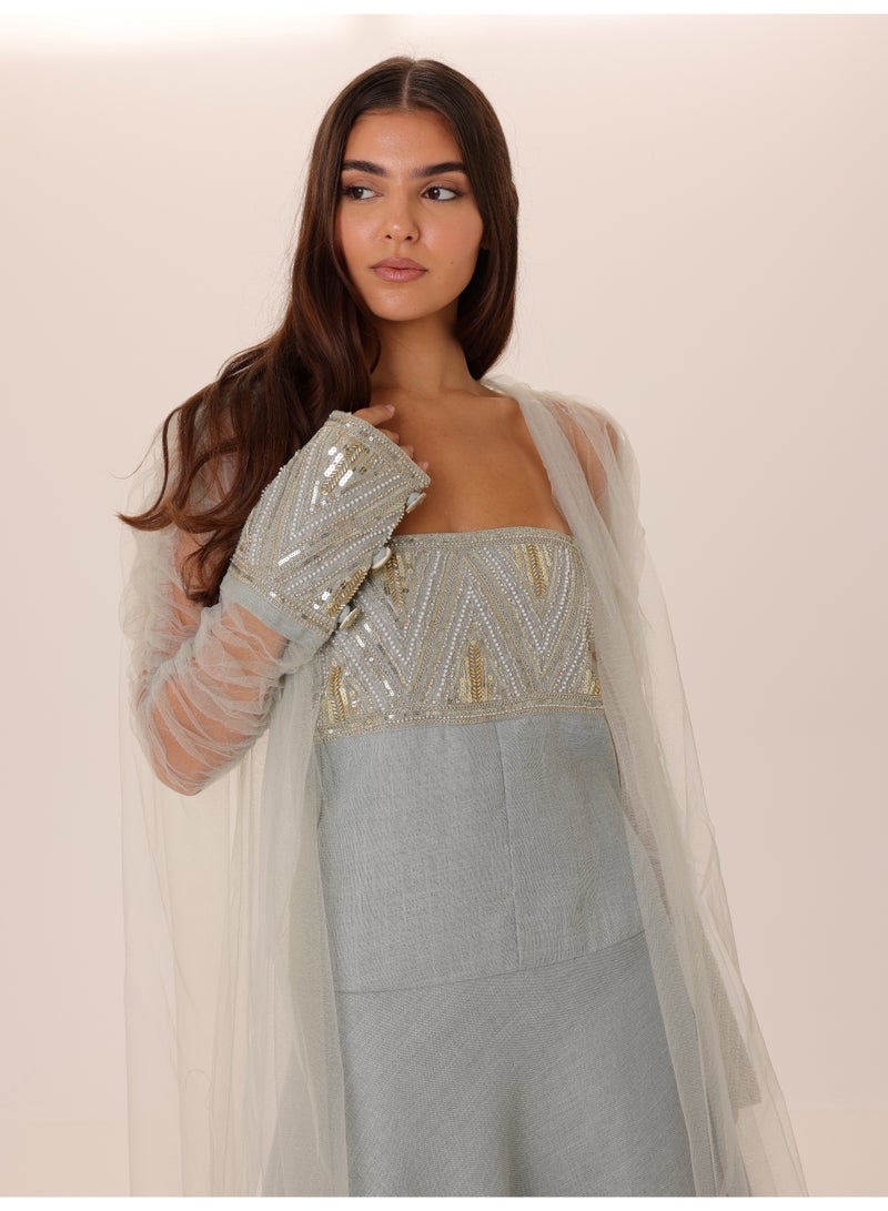 اكسا طقم أنيق مكون من قطعتين بأكمام شفافة فاخرة وتفاصيل ترتر - Image 2