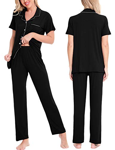 SWOMOG Women Pajama Sets Two-Piece Nightwear Short Sleeve Sleepwear Button Down Pj Lounge Sets with Long Pants Black - Image 2