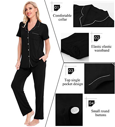 SWOMOG Women Pajama Sets Two-Piece Nightwear Short Sleeve Sleepwear Button Down Pj Lounge Sets with Long Pants Black - Image 3