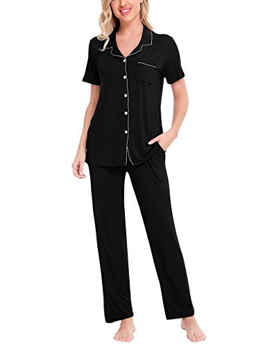 SWOMOG Women Pajama Sets Two-Piece Nightwear Short Sleeve Sleepwear Button Down Pj Lounge Sets with Long Pants Black - Image 1