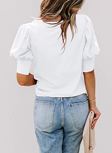 SimpleFun Womens Casual Summer Puff Sleeve Blouses Elegant Dressy White Chic Puffy Tops (White,M) - Image 3