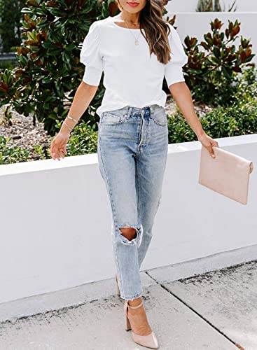 SimpleFun Womens Casual Summer Puff Sleeve Blouses Elegant Dressy White Chic Puffy Tops (White,M) - Image 4