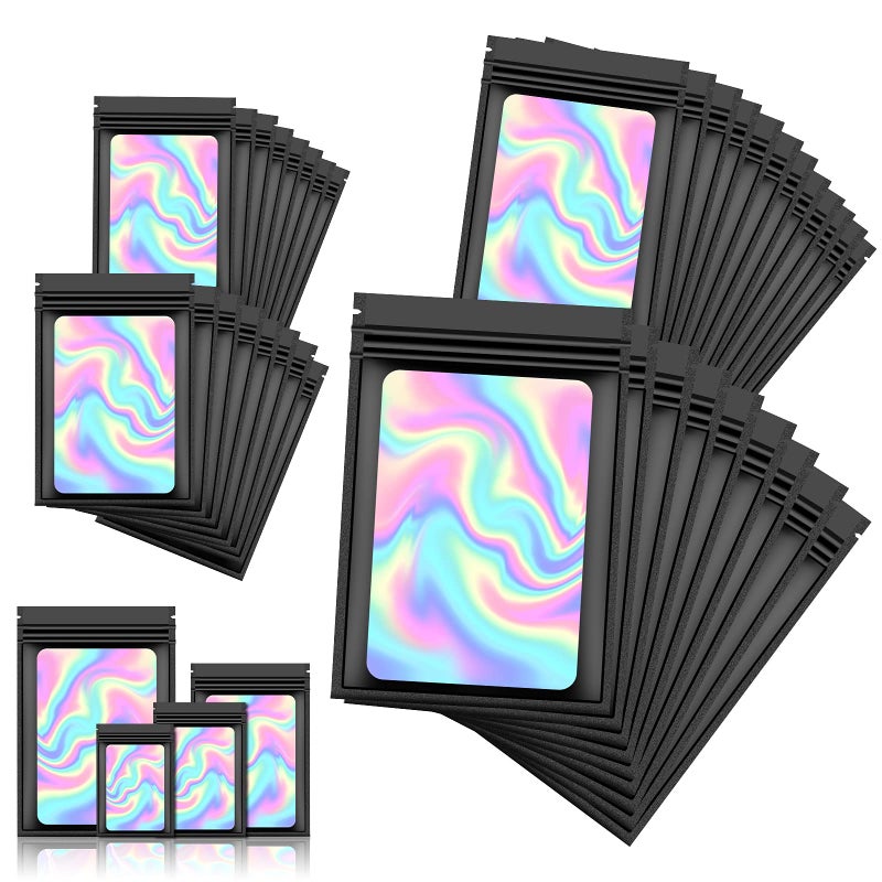 AMCEMIC 120 PCS Smell Proof Mylar Bags Resealable Holographic Packaging Pouch with Clear Window for Food Eyelash Jewelry Candy Electronics Storage, 4 Sizes (Black) (BLACK) - Image 1