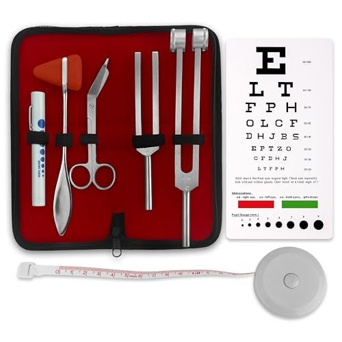 ASA TECHMED Premium 7 Piece Silver Diagnostic Kit - Taylor Hammer, Measuring Tape, Tuning Forks, Bandage Scissors, Pupil Gauge Penlight, Snellen Eye Chart (Silver) - Image 1