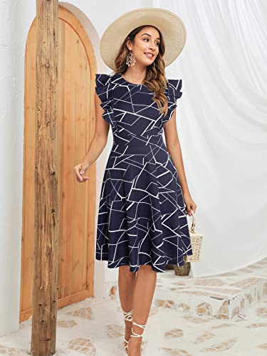 YATHON Women's Vintage Ruffle Floral Flared A Line Swing Casual Cocktail Party Dresses (S, YT001-Blue w Stripe) - Image 3