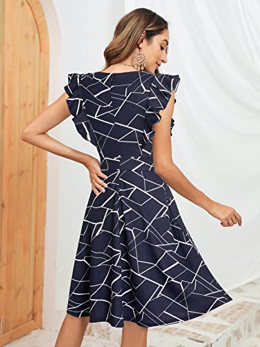 YATHON Women's Vintage Ruffle Floral Flared A Line Swing Casual Cocktail Party Dresses (S, YT001-Blue w Stripe) - Image 2