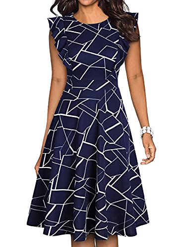 YATHON Women's Vintage Ruffle Floral Flared A Line Swing Casual Cocktail Party Dresses (S, YT001-Blue w Stripe) - Image 1