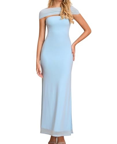 GLNEGE Formal Wedding Guest Bodycon Maxi Dress with Scarf Mesh Slit Elegant Tube Cocktail Party Dresses for Women Blue - Image 1