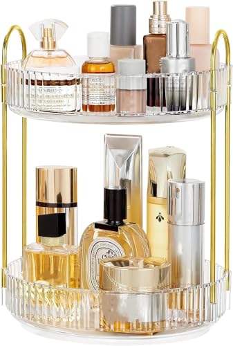 INOVERA (LABEL) 360° Rotation Makeup Organizer for Women, Girls & Bride - Dressing Table Cosmetic Storage Case - Bathroom Vanity Skincare Holder Organiser (2 Tier, Transparent) - Image 1